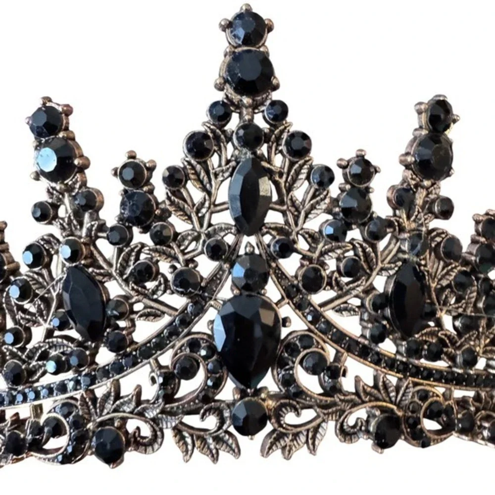 Gothic Crown Gold Metal with black‎ rhinestones - goth prom evil queen cosplay